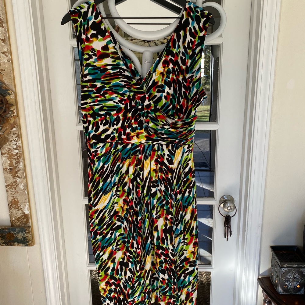 Chaus Faux Wrap Dress Low V Neck Colorful L - Picture 1 of 13